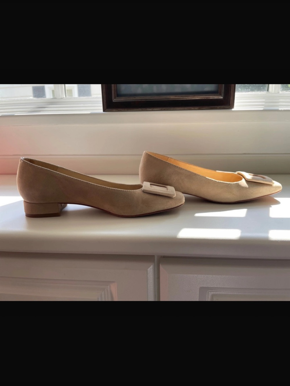 J. McLaughlin Beige Suede Low Heel Flats with Decorative Buckle